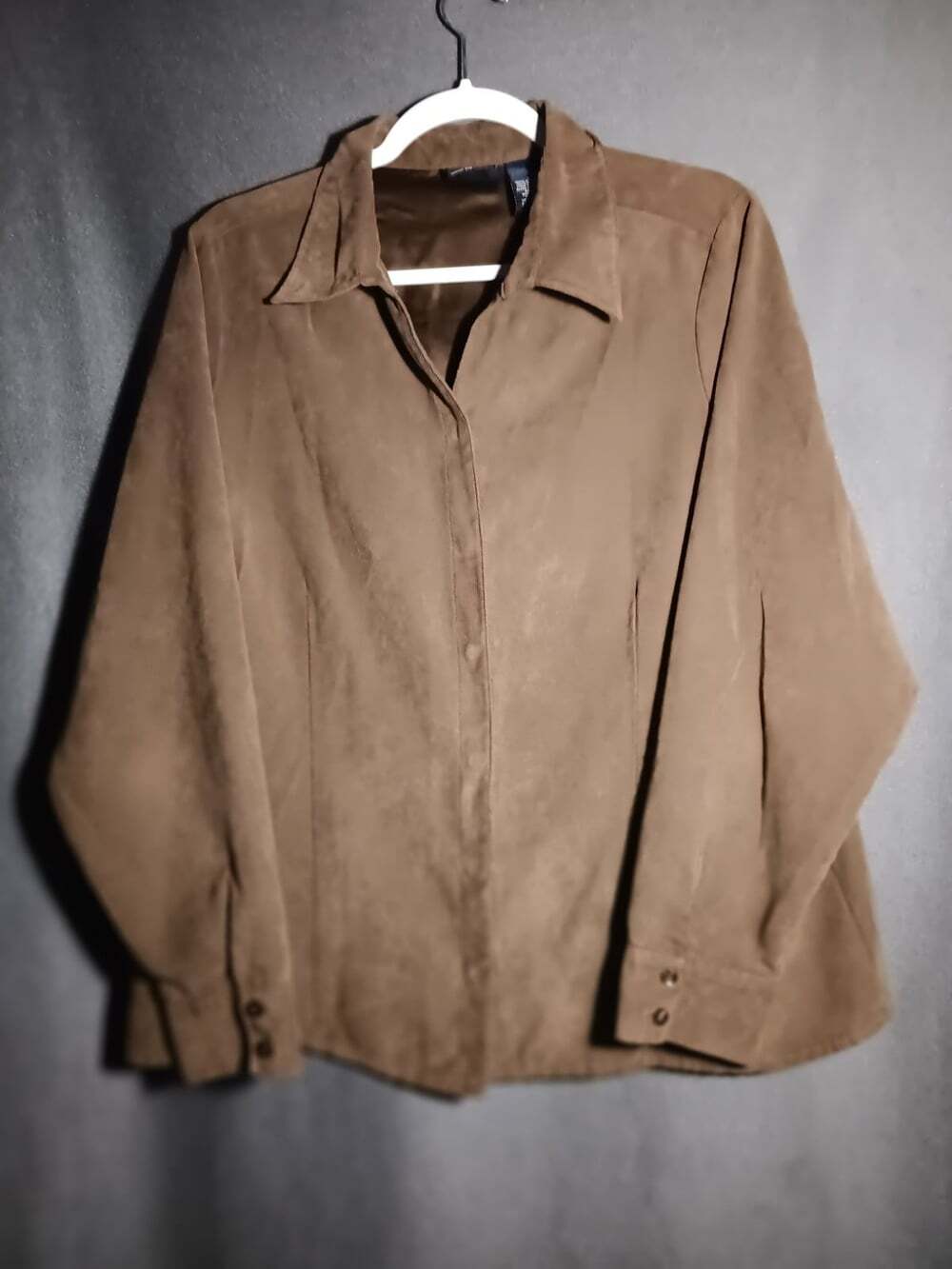 Sonoma Brown Faux Suede Hidden Snap Button Front Long Sleeve Collared